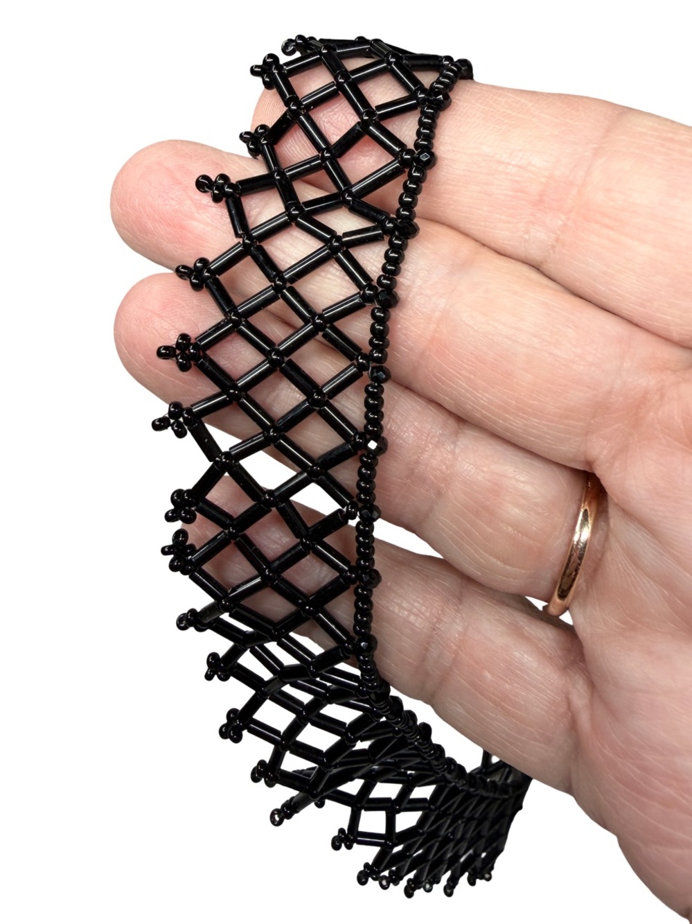 Black Beaded Choker • Lattice Statement Necklace • Adjustable - Picture 4 of 4